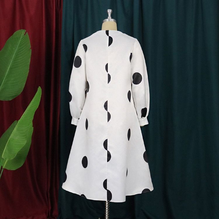 Plus Size Sløyfe Krage Langermet Mid-Calf Polka Dots Fall Casual Dress