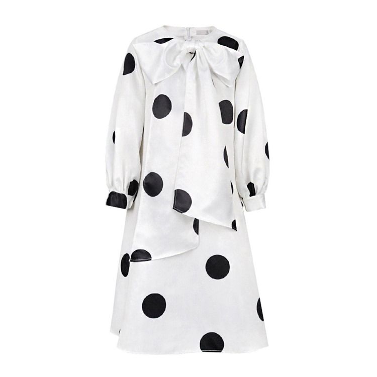 Plus Size Sløyfe Krage Langermet Mid-Calf Polka Dots Fall Casual Dress