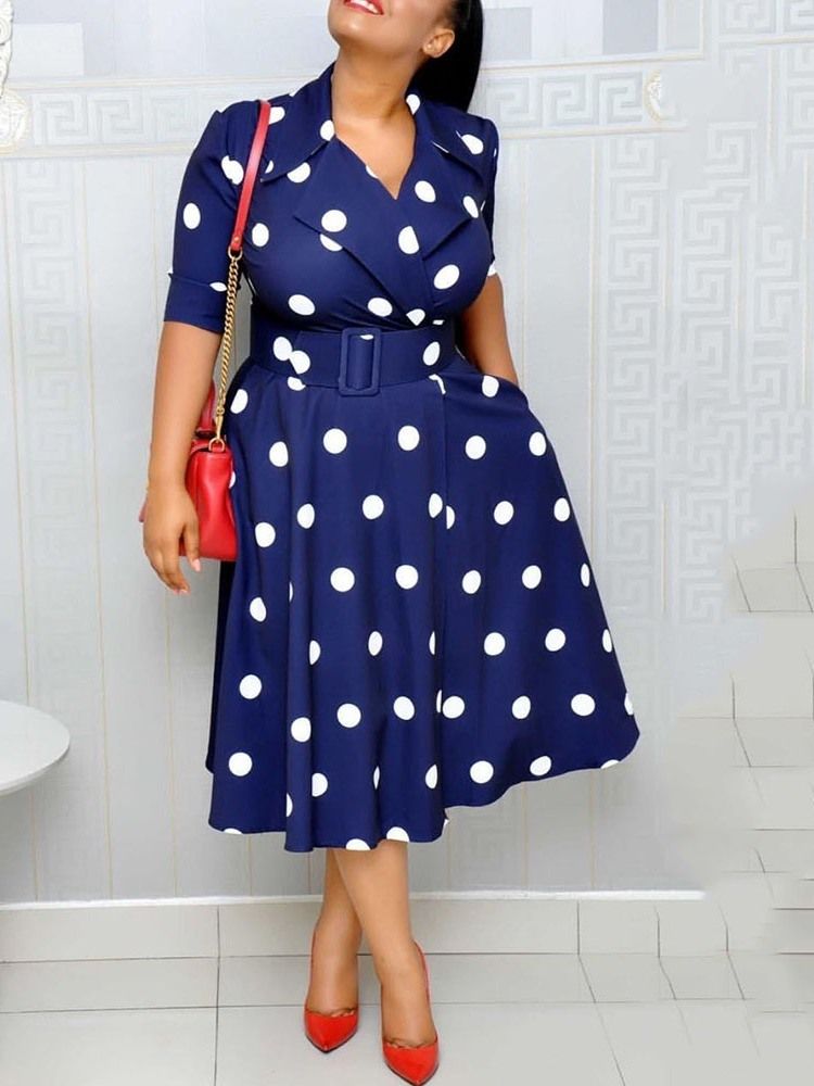 Polka Dots A-Line Mid-Calf Half Sleeve Regular Ol Kjole (Uten Linning)