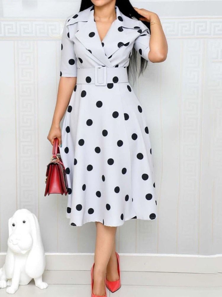 Polka Dots A-Line Mid-Calf Half Sleeve Regular Ol Kjole (Uten Linning)