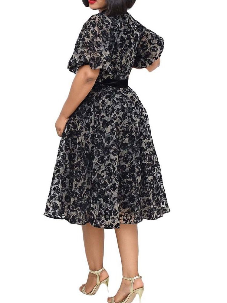 Print Half Sleeve Bue Collar A-Line Floral Dress