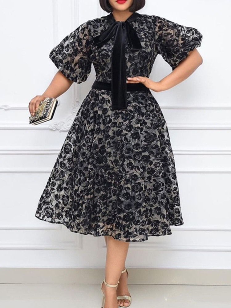 Print Half Sleeve Bue Collar A-Line Floral Dress