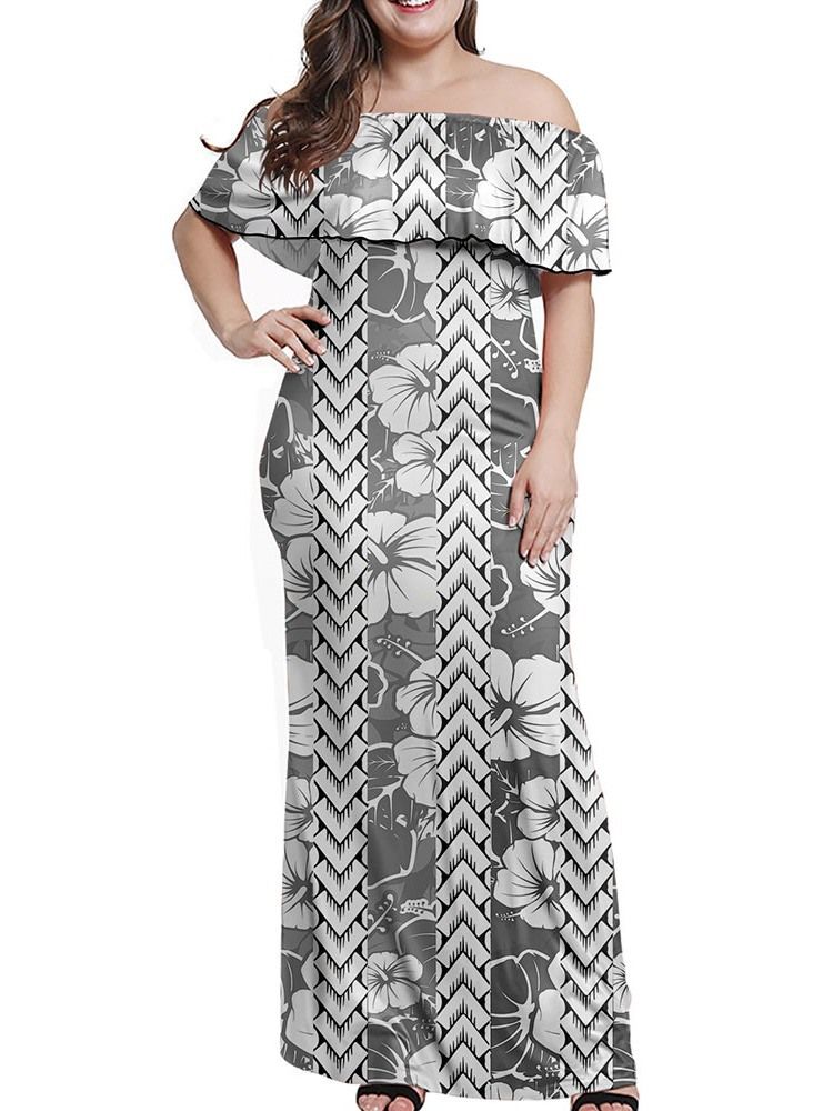 Print Kortermet Off Shoulder Pullover Sommer Maxi Dress