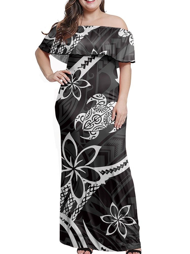 Print Kortermet Off Shoulder Pullover Sommer Maxi Dress