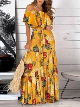 Print Off Shoulder Gulvlengde Plant Mid Waist Bodycon Kjole Maxi Dress