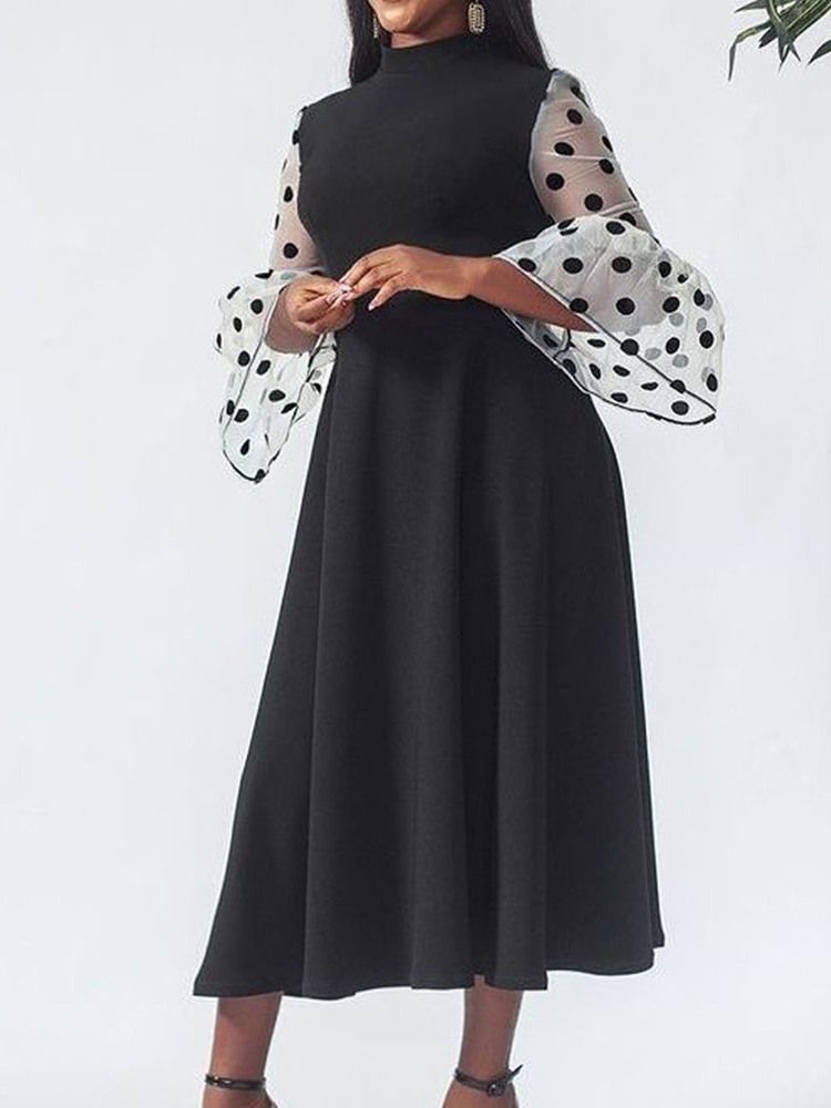 Stativ Krage Gjennomsiktig Ni-Punkts Ermet Genser Polka Dots Maxi Black Dress