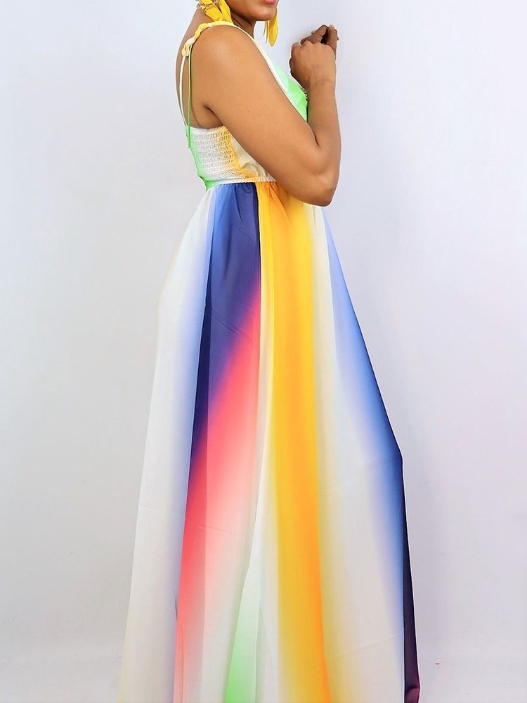 Tie-Dye Gulv-Lengde Ermeløs Color Block Maxi Dress