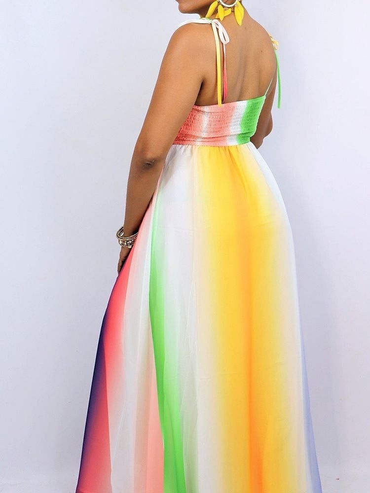 Tie-Dye Gulv-Lengde Ermeløs Color Block Maxi Dress