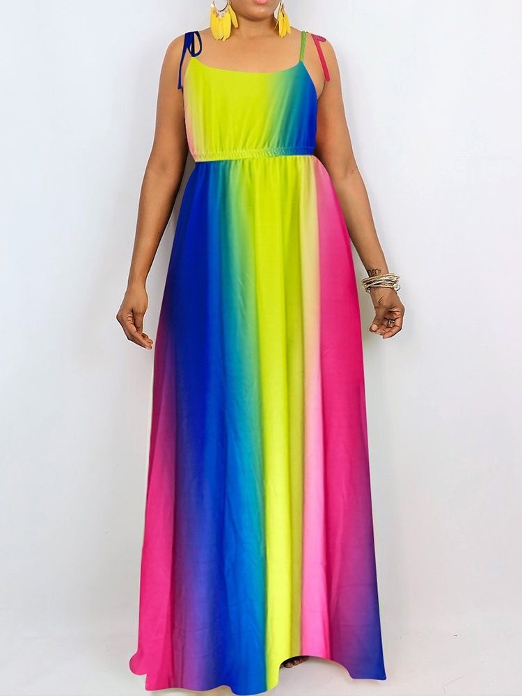 Tie-Dye Gulv-Lengde Ermeløs Color Block Maxi Dress