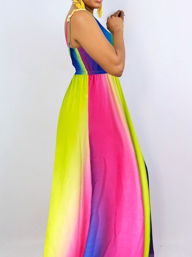 Tie-Dye Gulv-Lengde Ermeløs Color Block Maxi Dress