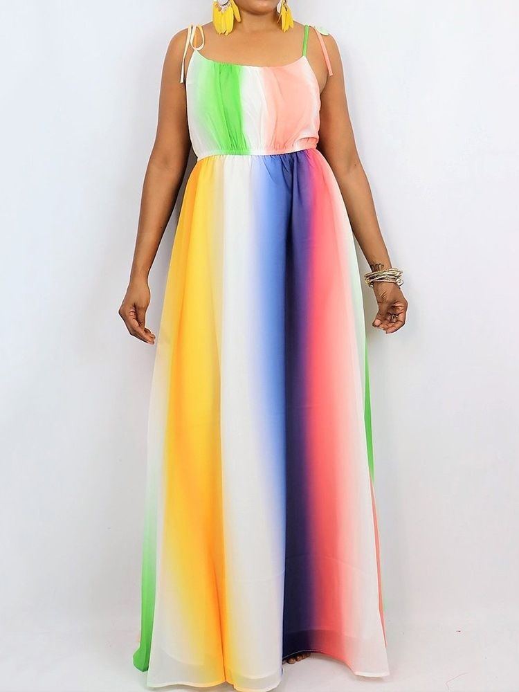 Tie-Dye Gulv-Lengde Ermeløs Color Block Maxi Dress