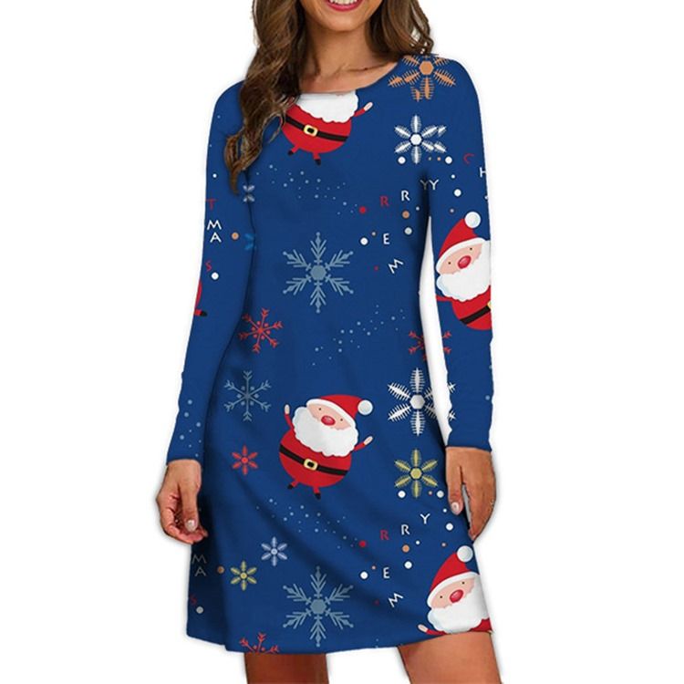 Uformell Rundhals Langermet Print A-Line Pullover Dress