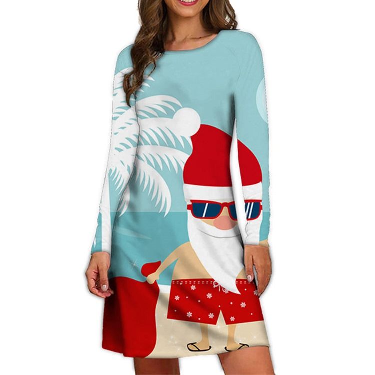 Uformell Rundhals Langermet Print A-Line Pullover Dress