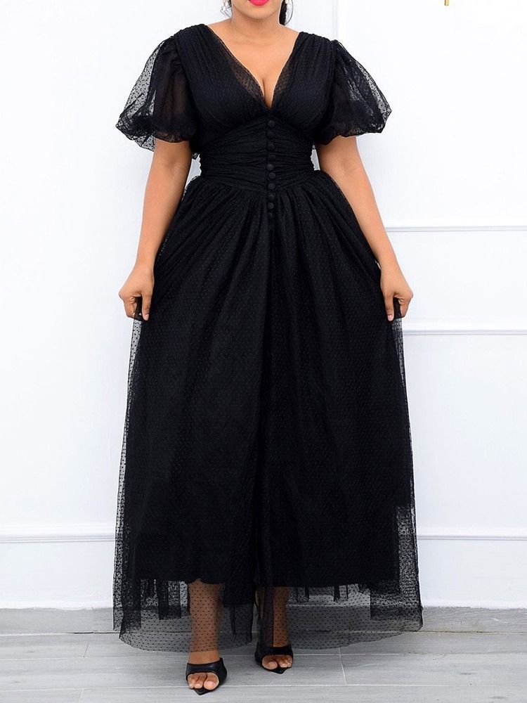 V-Hals Gulvlengde Mesh Vanlig A-Linje Maxi Kjole Plus Size