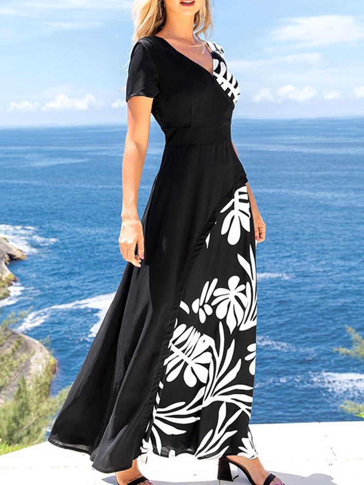 V-Hals Trykk Ankellengde Sommer Regular Maxi Dress