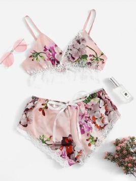 Floral Sexy Print Satin Pyjamas Cami Set Natttøy