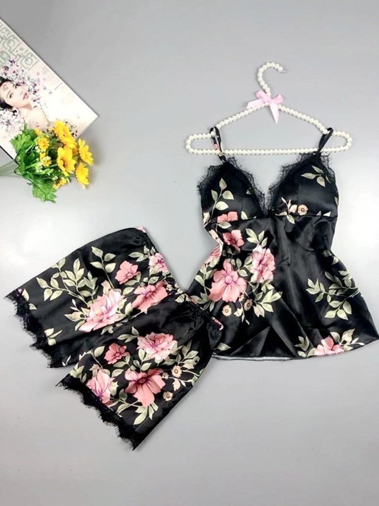 Lace Floral Satin Pyjamas Camisole Short Sets Loungewear