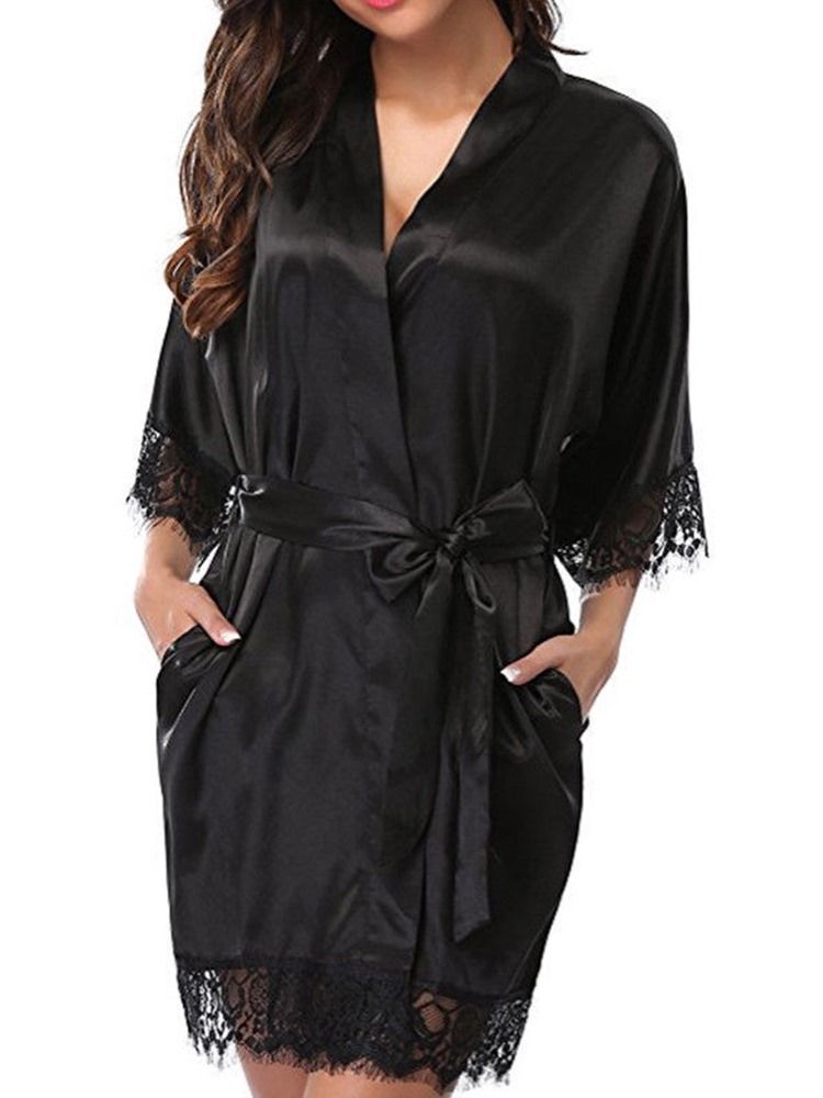 Lace-Up Floral Cardigan Robe Halv Ermet Nattkjole