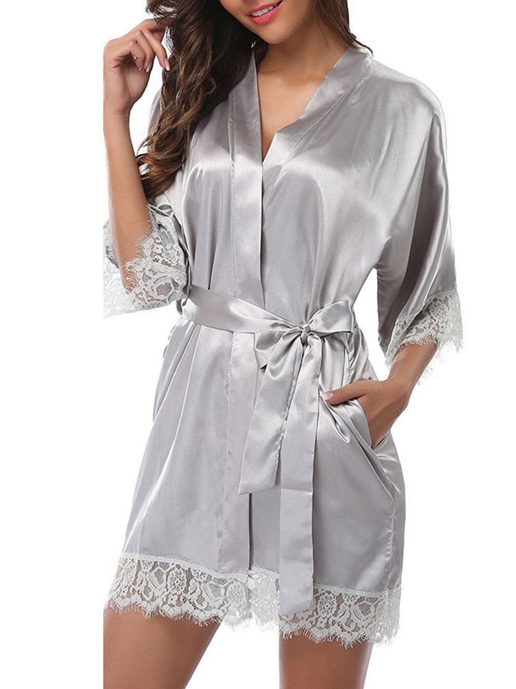 Lace-Up Floral Cardigan Robe Halv Ermet Nattkjole