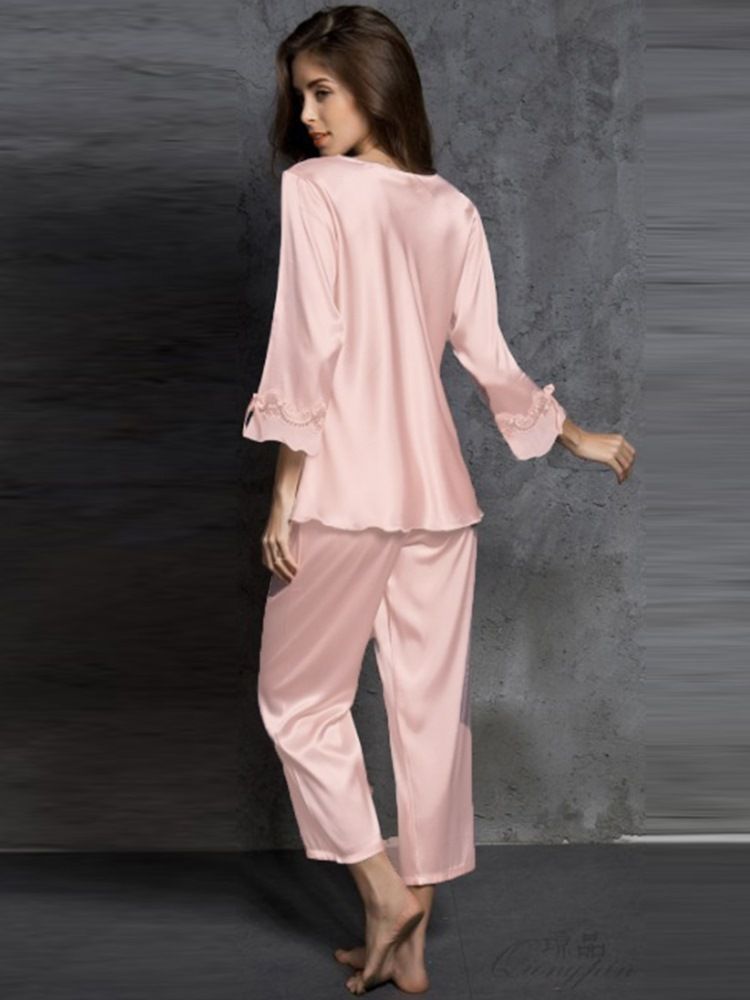 Vanlig Bowknot V-Hals Pyjamassett For Kvinner