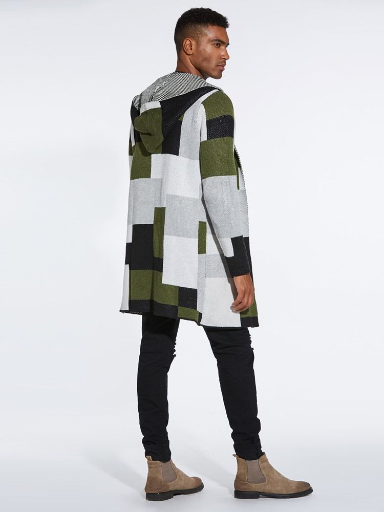 Patchwork Mid-Length Hette Menn Vinter Cardigan Gensere