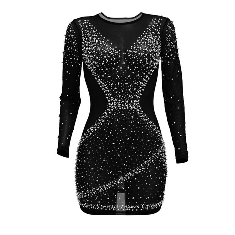 Bead Above Knee Langermet Regular Fashion Bodycon Dress