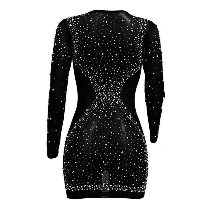 Bead Above Knee Langermet Regular Fashion Bodycon Dress