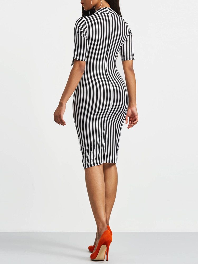 Bowknot Bow Collar Stripe Bodycon Dress