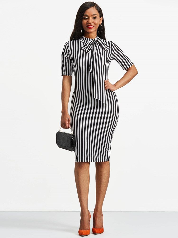 Bowknot Bow Collar Stripe Bodycon Dress