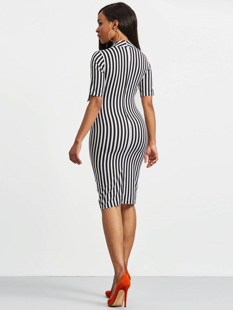 Bowknot Bow Collar Stripe Bodycon Dress