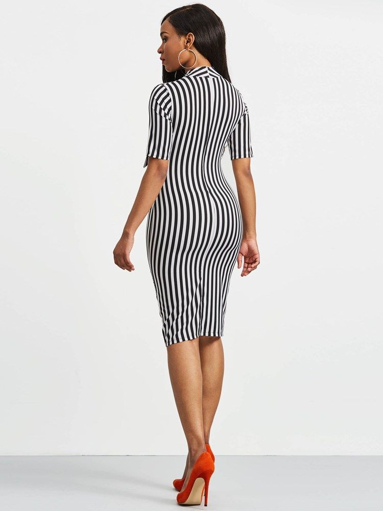 Bowknot Bow Collar Stripe Bodycon Dress