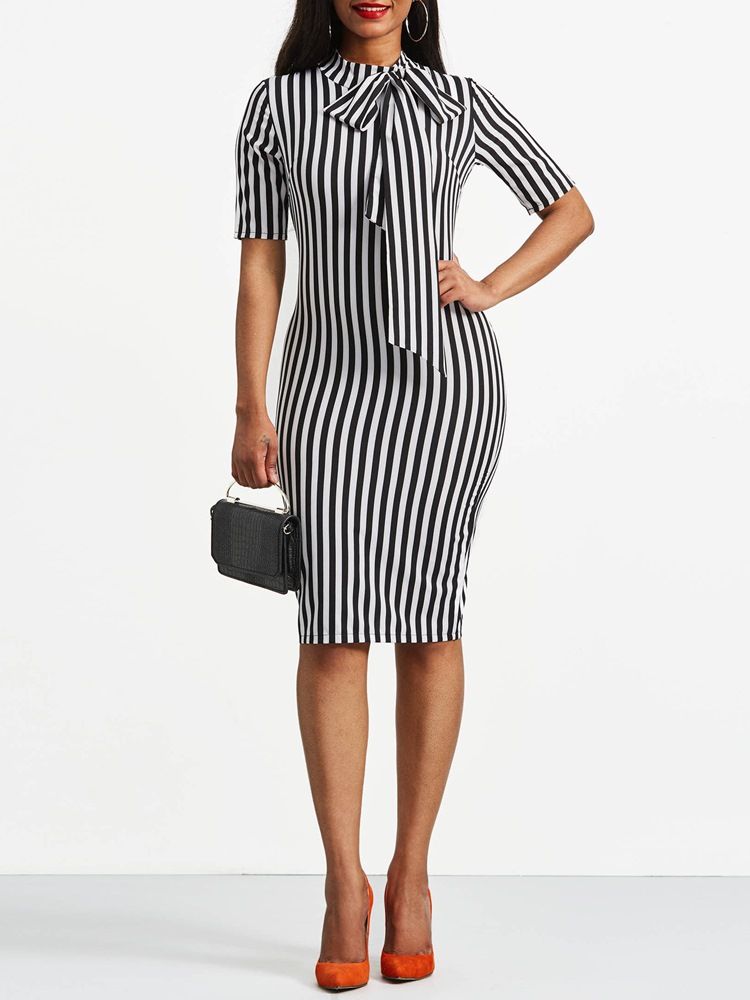 Bowknot Bow Collar Stripe Bodycon Dress