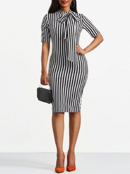 Bowknot Bow Collar Stripe Bodycon Dress