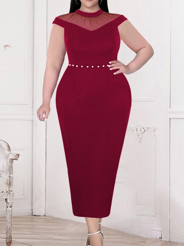 Cap Sleeve Stand Collar Mid-Calf Fashion Midi Dress