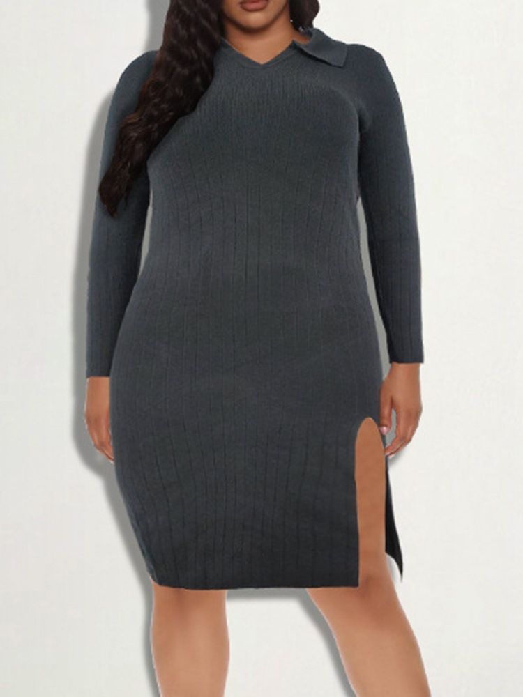 Delt Knelang Langermet Vanlig Pullover Bodycon-Kjole