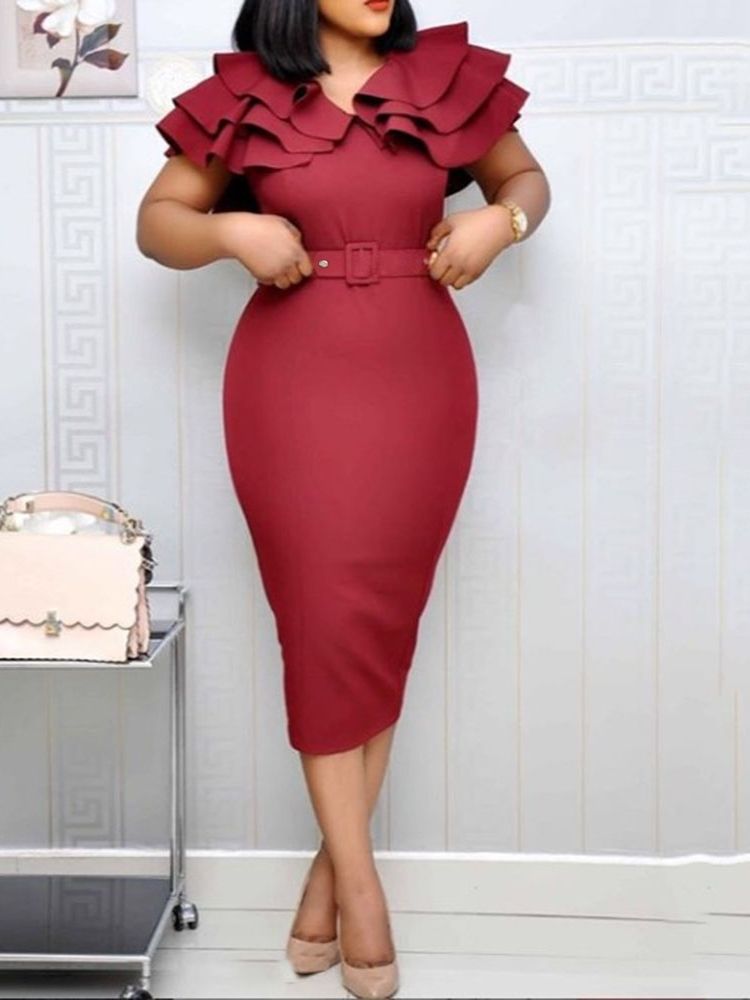 Delt Kortermet Mid-Calf Plain Ruffle Sleeve Bodycon Dress