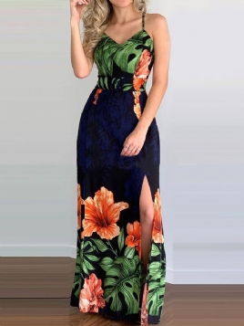 Ermeløs Delt V-Hals Bodycon Fashion Floral Bodycon Kjole