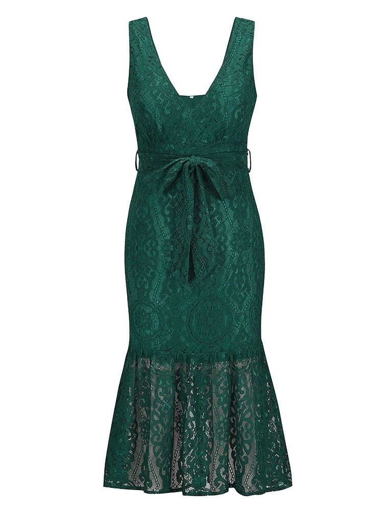 Ermeløs Mid-Calf Lace Mermaid Fashion Dress