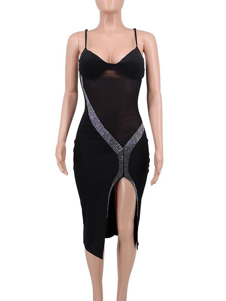 Ermeløs Mid-Calf Rhinestone Summer Spaghetti Strap Bodycon Dress