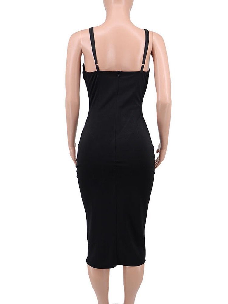 Ermeløs Mid-Calf Rhinestone Summer Spaghetti Strap Bodycon Dress