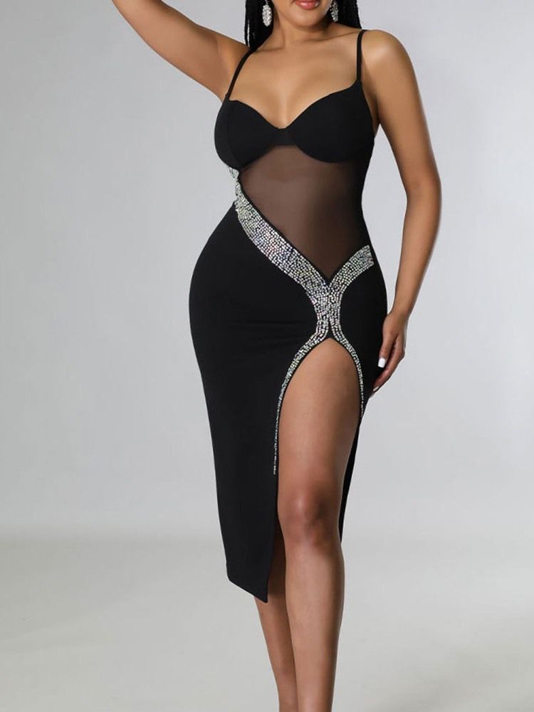 Ermeløs Mid-Calf Rhinestone Summer Spaghetti Strap Bodycon Dress