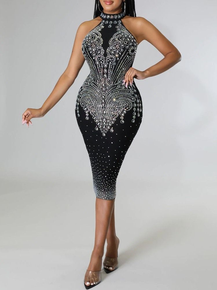 Ermeløs Stativ Krage Rhinestone Mid Waist Bodycon Dress