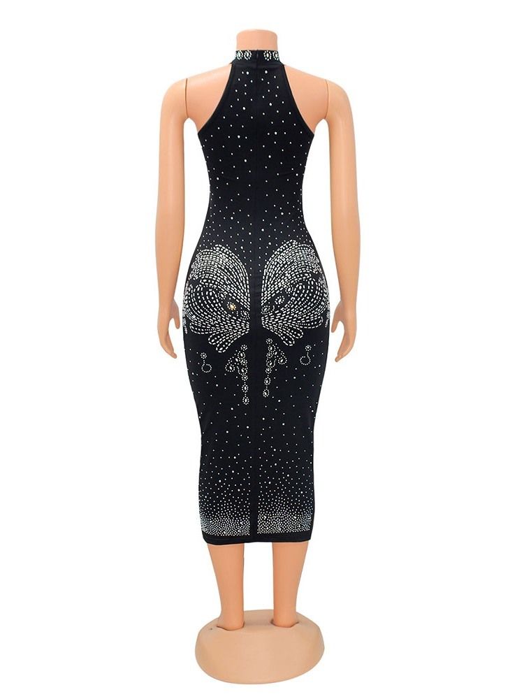 Ermeløs Stativ Krage Rhinestone Mid Waist Bodycon Dress