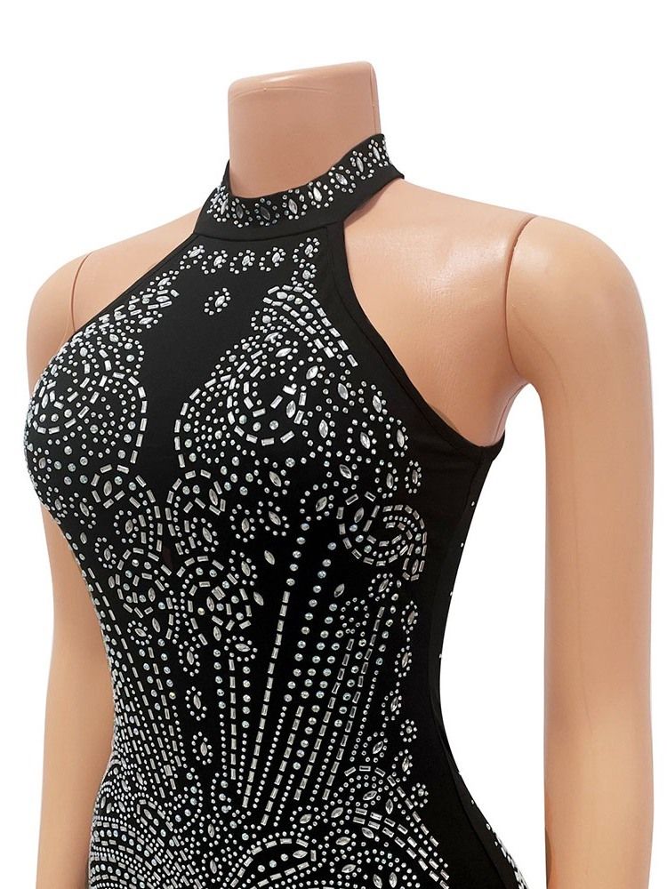 Ermeløs Stativ Krage Rhinestone Mid Waist Bodycon Dress