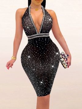 Ermeløs V-Hals Rhinestone Sexy High Waist Bodycon Dress