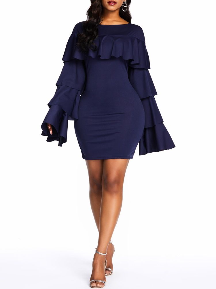 Falbala Above Knee Langermet Bodycon Ruffle Sleeve Dress