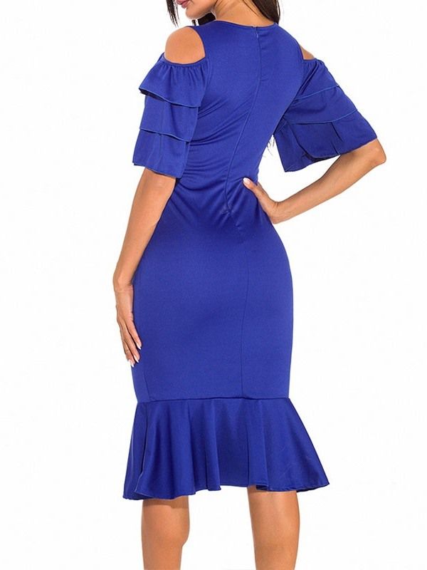 Halfsleeve Mid-Calf Falbala Mermaid Plain Bodycon-Kjole