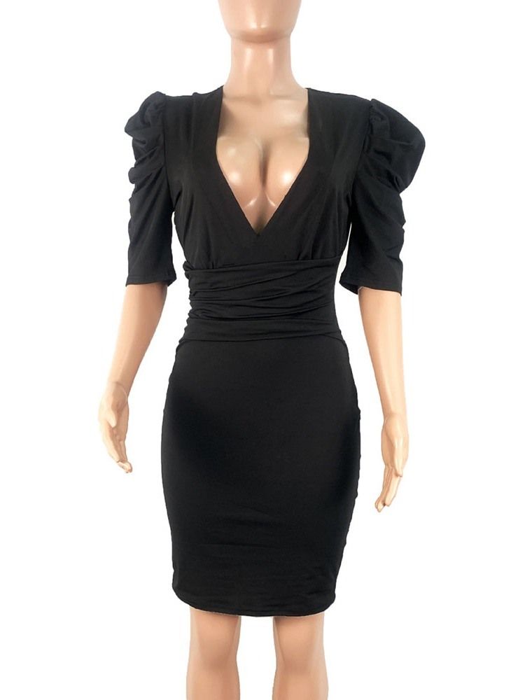 Halv Ermet Plissert V-Hals Mote Bodycon Kjole