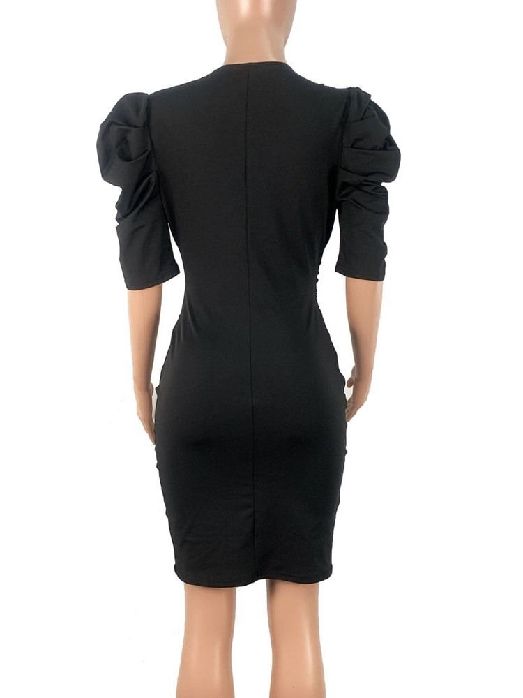 Halv Ermet Plissert V-Hals Mote Bodycon Kjole