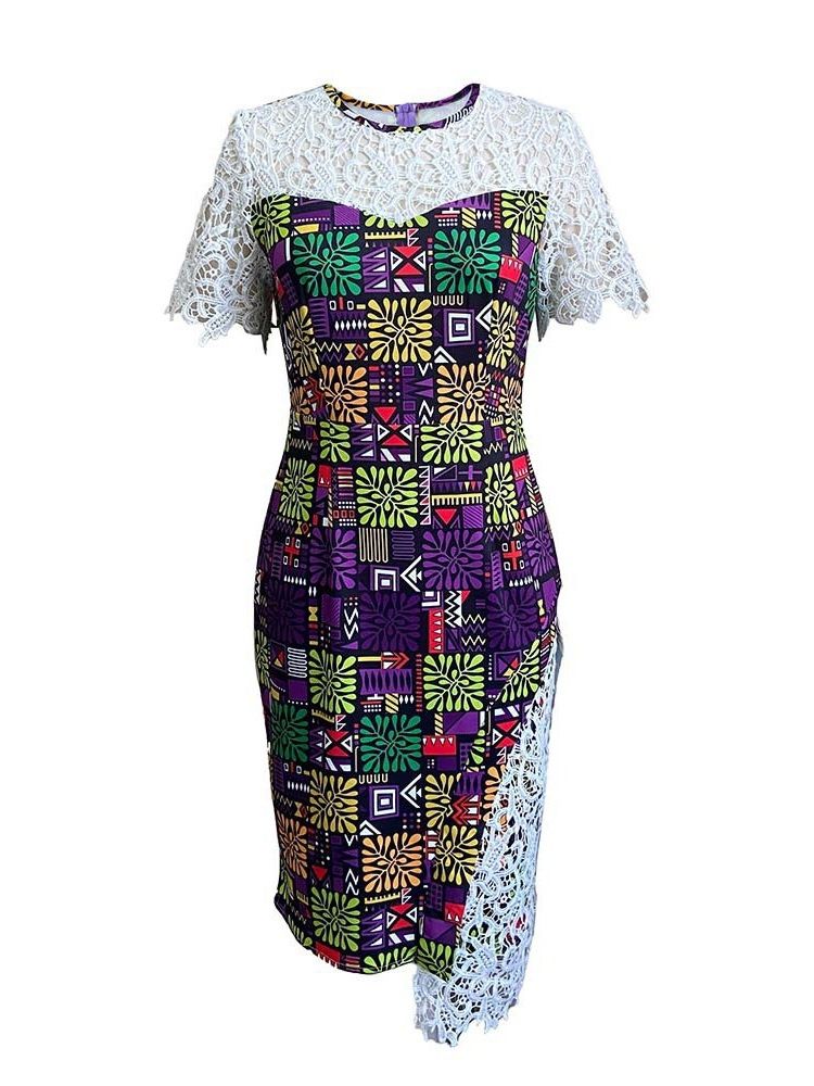 Kortermet Patchwork Mid-Calf Fashion Bodycon Dress